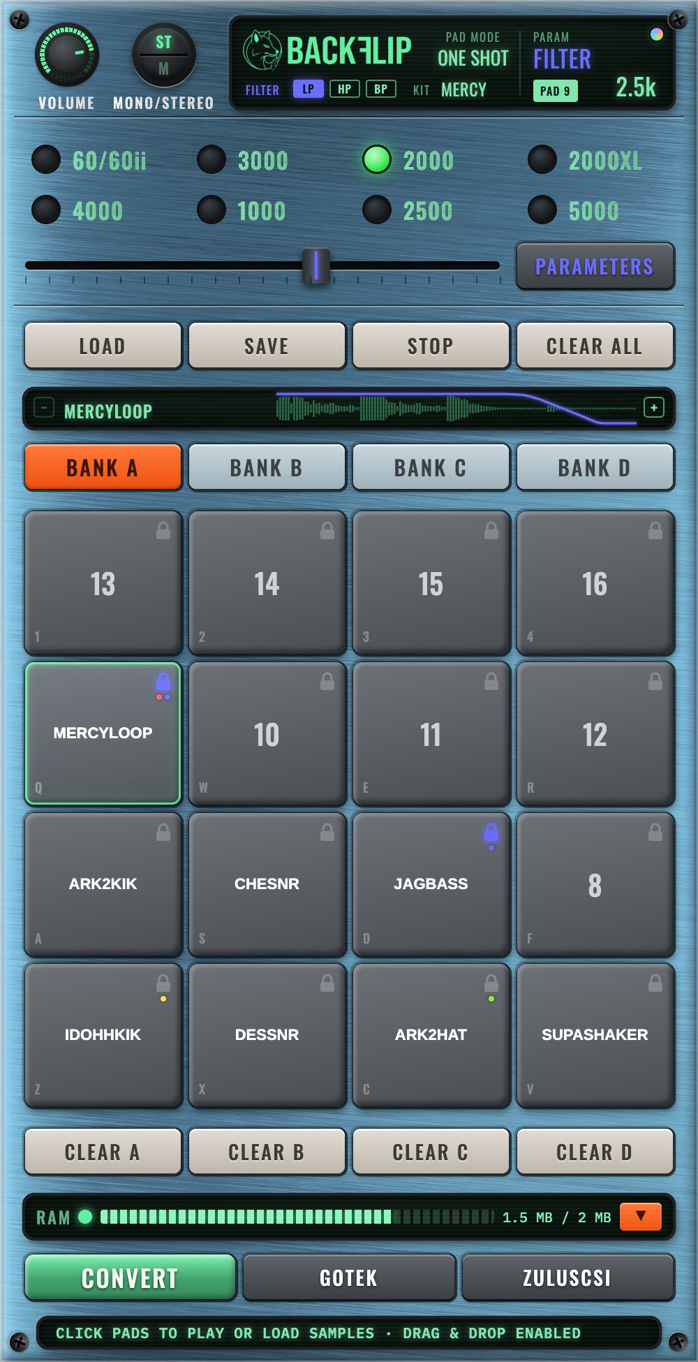 The BackFlip 1.2 panel with a kit loaded and the filter on screen