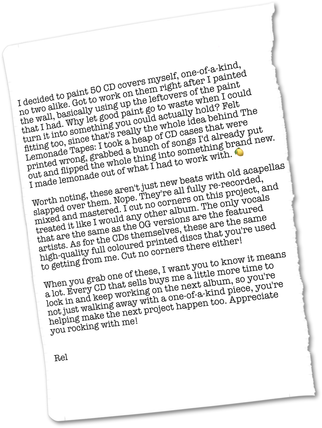 Typed version of Rel's note about The Lemonade Tapes