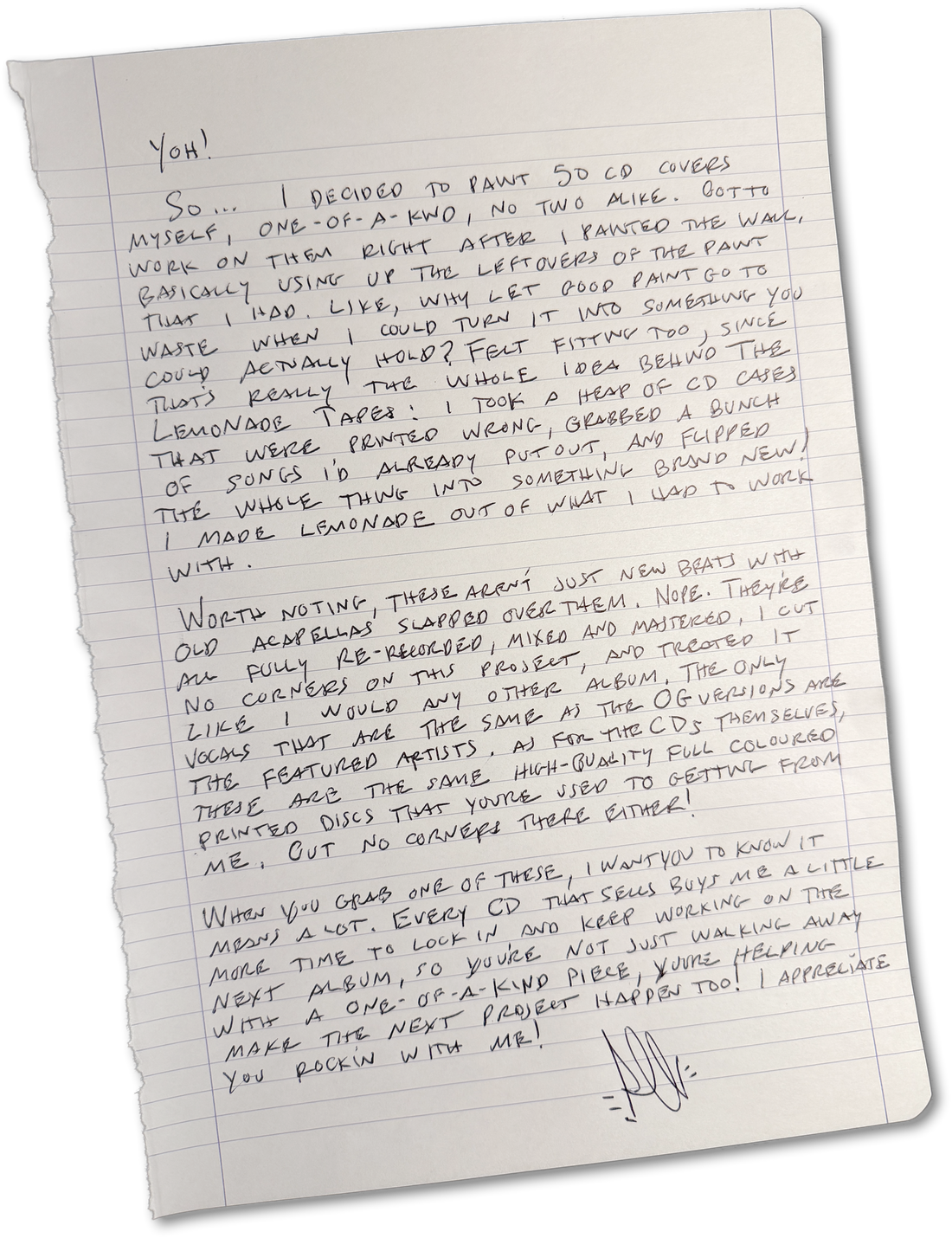 Handwritten note from Rel about The Lemonade Tapes